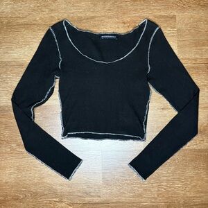 Brandy Melville Black Long Sleeve Crop Top with White Stitching